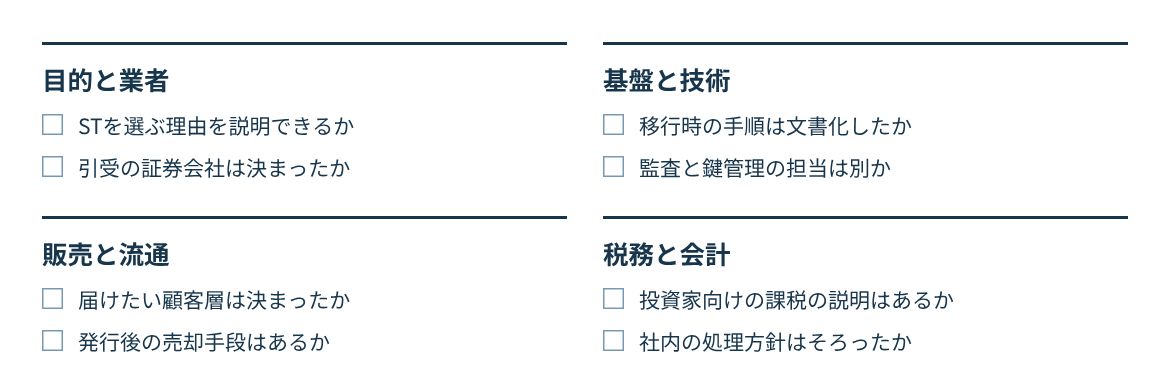 目的と業者、基盤と技術、販売と流通、税務と会計の四つの観点で確認する。
