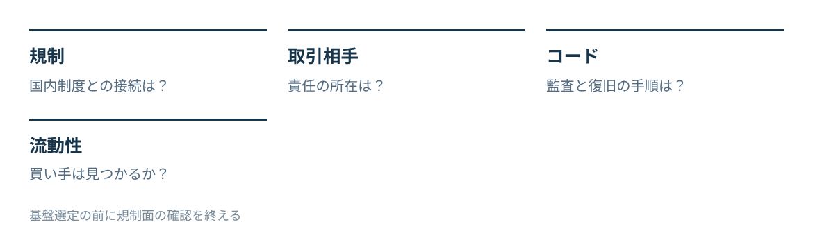 規制、カウンターパーティー、スマートコントラクト、流動性の4つの確認点。