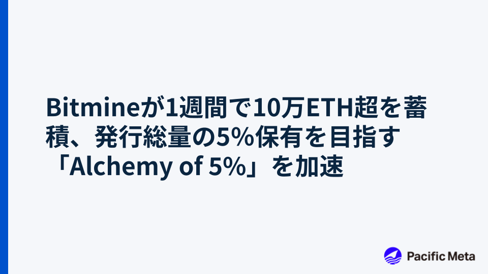 Bitmineが1週間で10万ETH超を蓄積、発行総量の5％保有を目指す「Alchemy of 5%」を加速