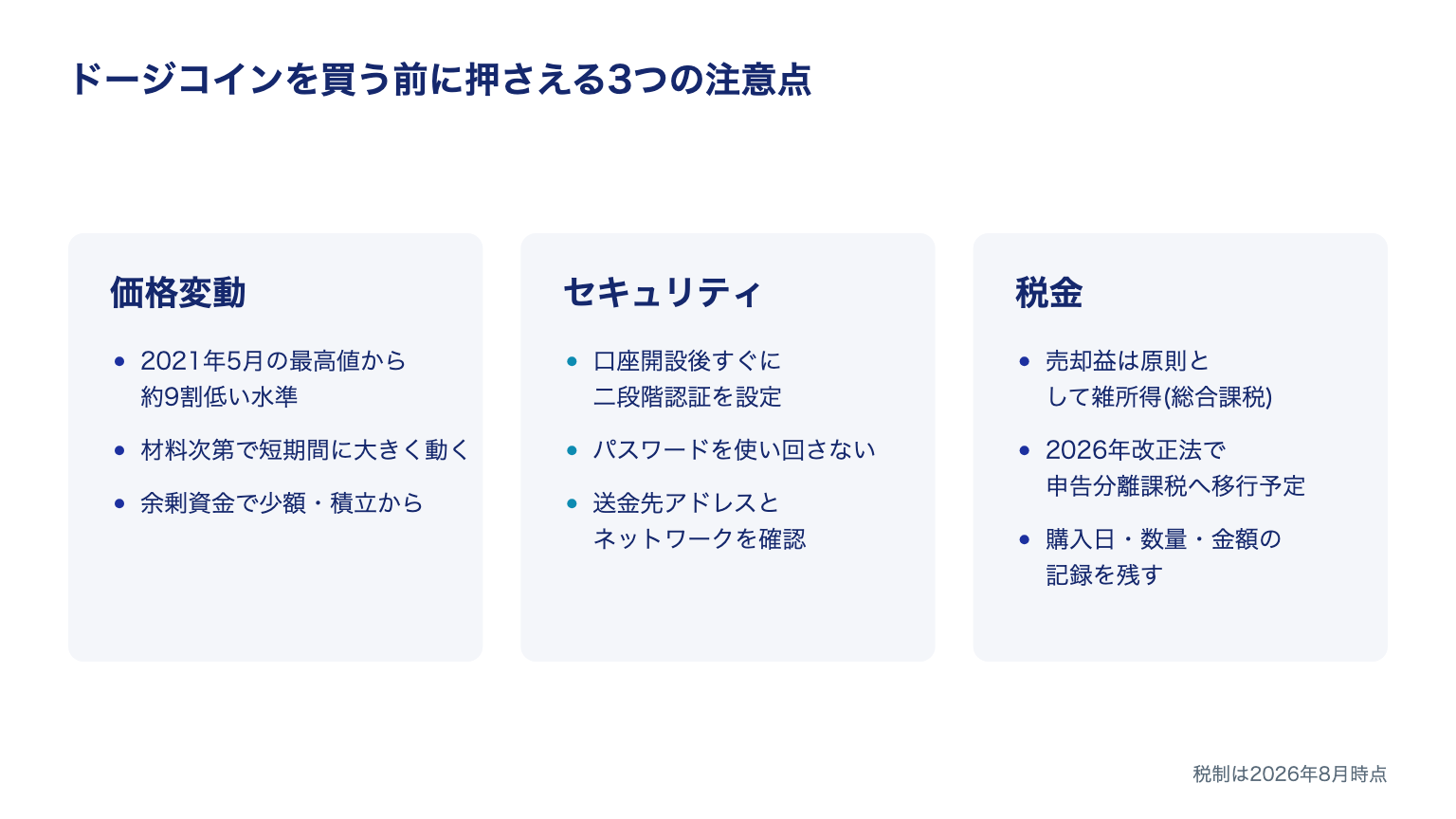 ドージコインを買う前に押さえる3つの注意点(価格変動・セキュリティ・税金)