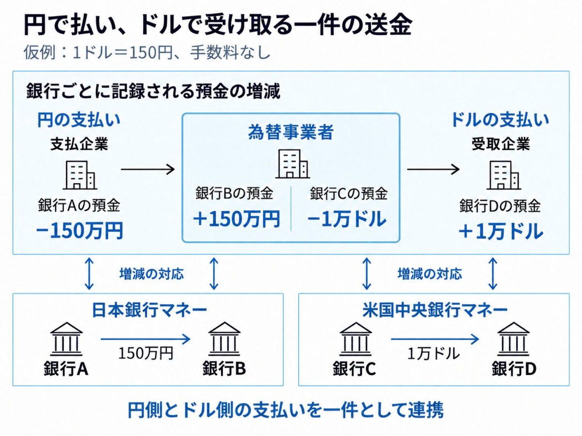 一つの為替事業者が銀行Bに円預金、銀行Cにドル預金を持つ仮例。預金の増減に対応して、日本銀行マネーを銀行AからBへ150万円、米国中央銀行マネーを銀行CからDへ1万ドル移す