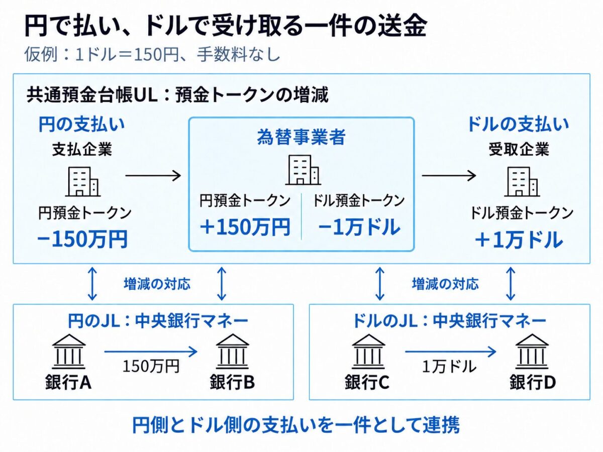 図2と同じ送金を預金トークンで表す。共通預金台帳ULでは銀行AとBの円預金トークン、銀行CとDのドル預金トークンを増減し、円とドルのJLではそれぞれ銀行AからB、銀行CからDへ中央銀行マネーを移す