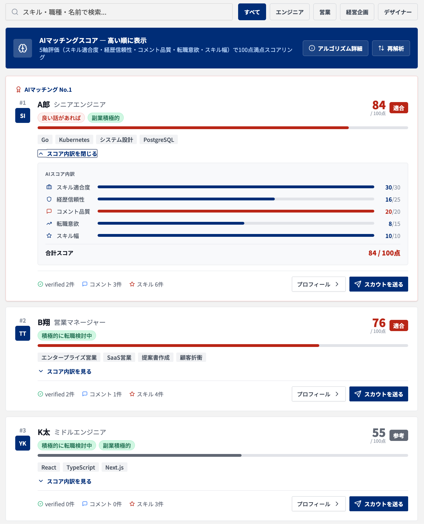 画面②：企業向け・AIマッチング人材検索